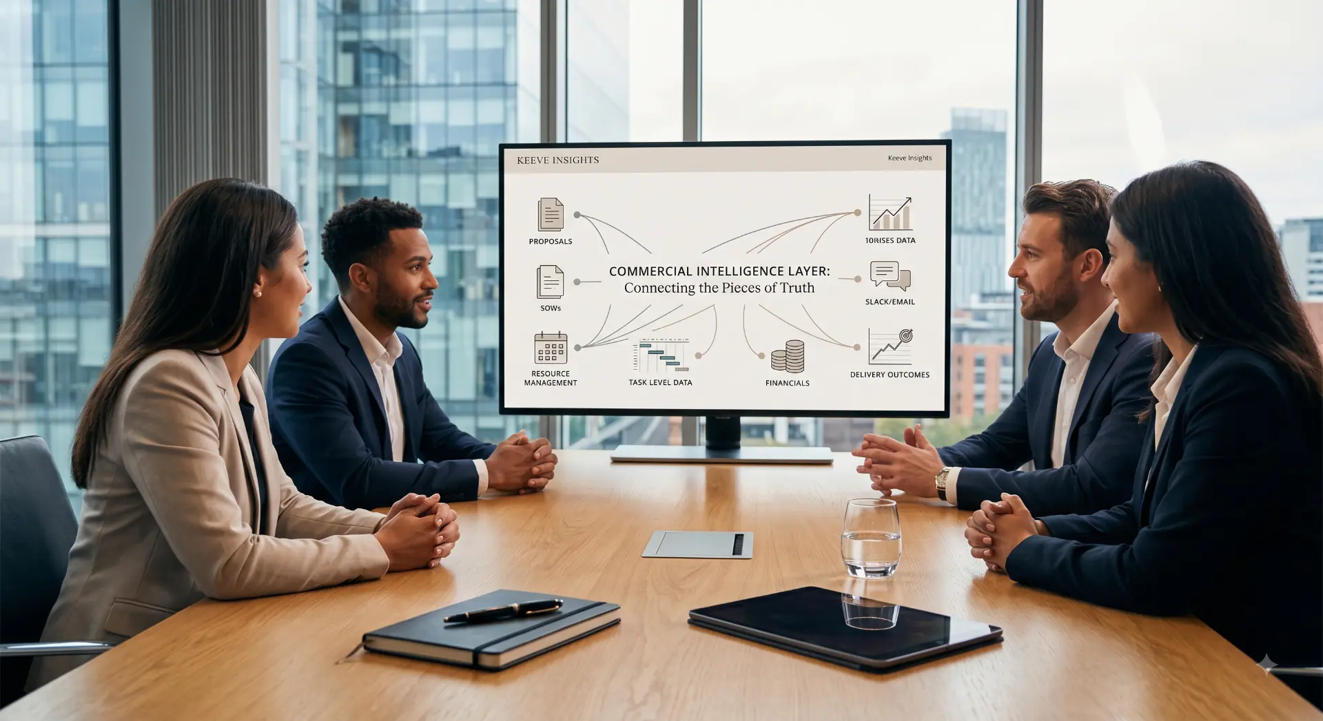 Agency leadership team reviewing a commercial intelligence layer connecting proposals, SOWs, resourcing, task data and financials