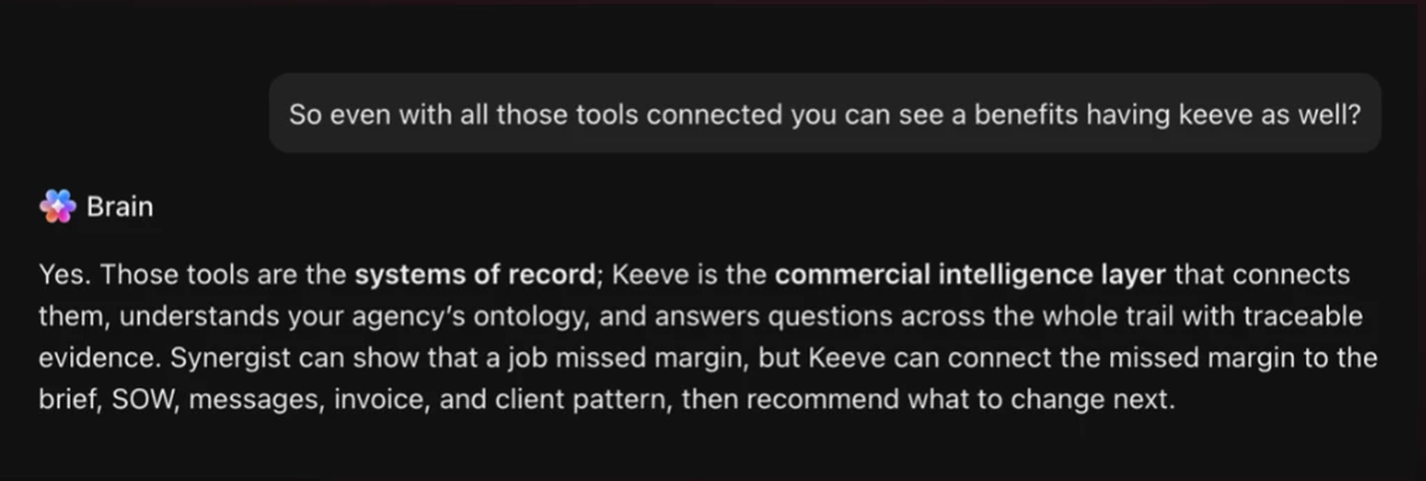 ClickUp Brain answering that connected tools are systems of record and Keeve is the commercial intelligence layer that connects them, understands the agency's ontology and answers across the whole trail with traceable evidence.