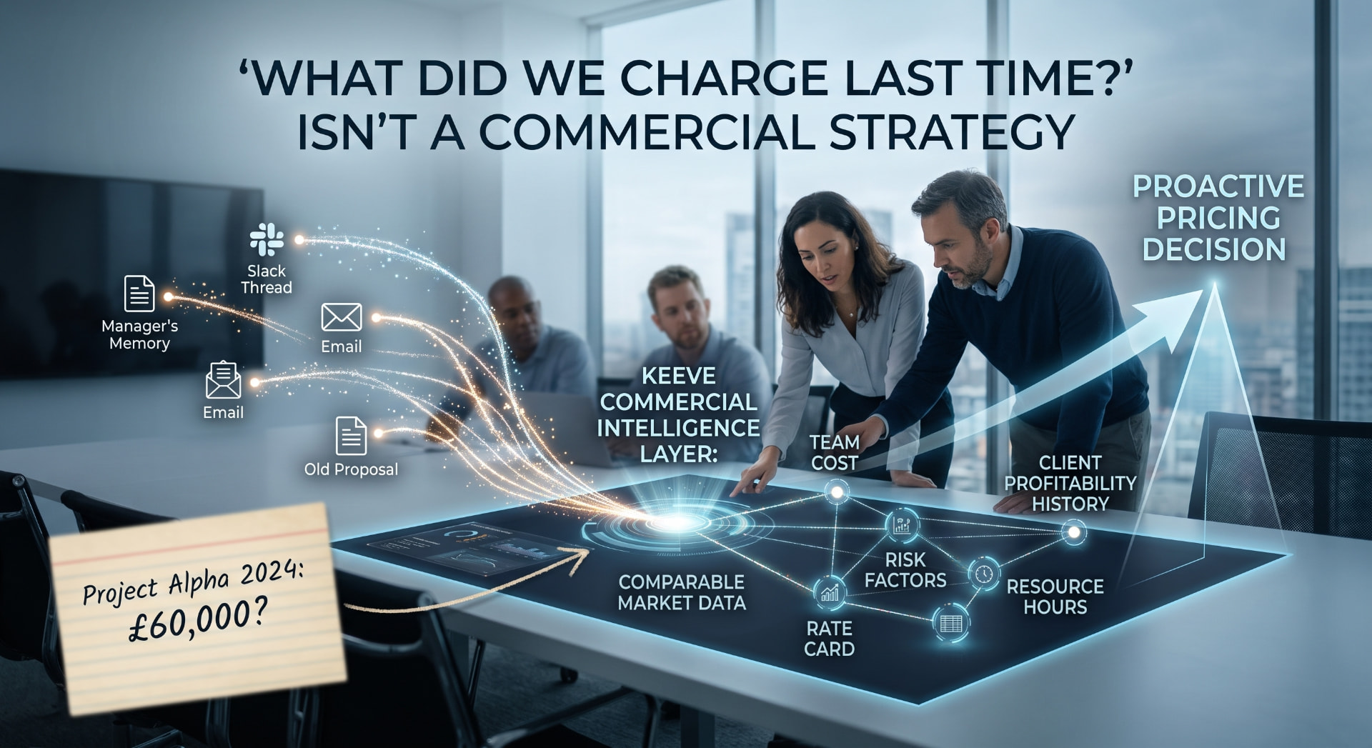 Agency team reviewing a commercial intelligence layer that connects old proposals, emails and rate cards into a proactive pricing decision