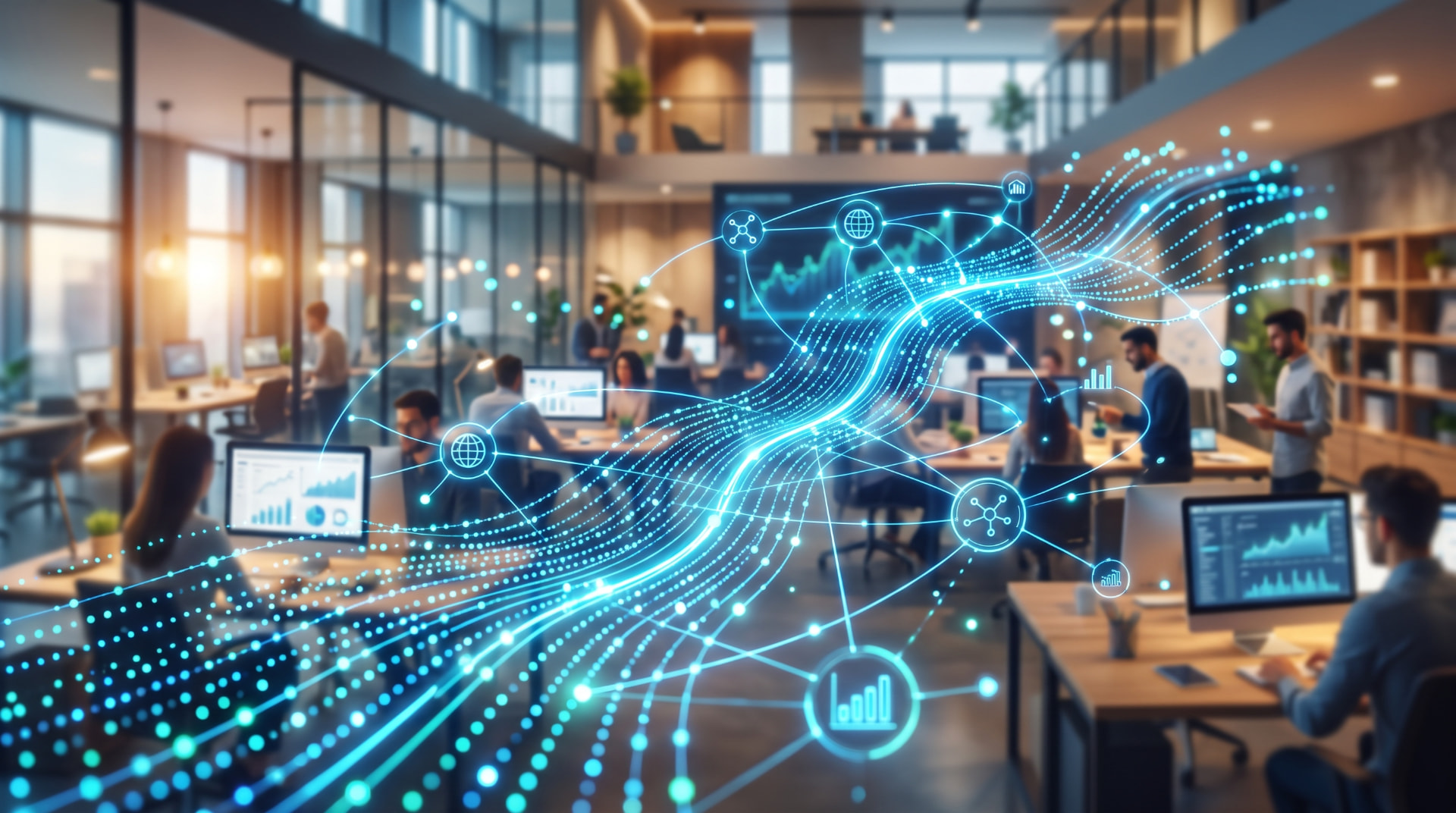 Agency team working in an open office with a glowing network of connected data points flowing across the room