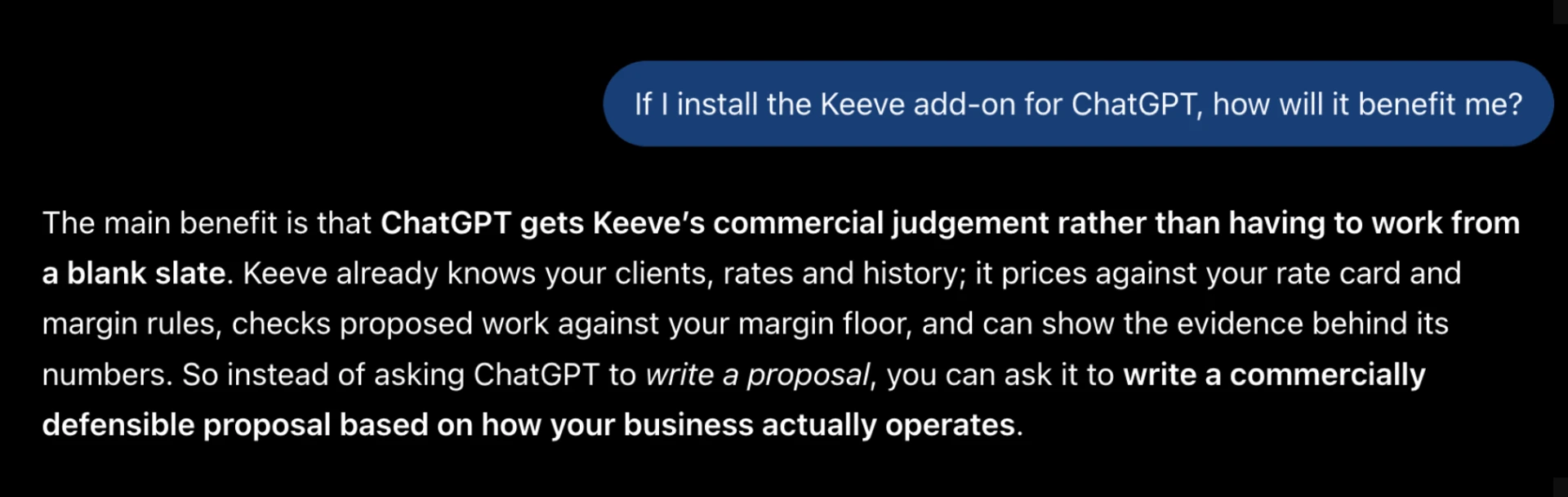 ChatGPT explaining that the Keeve add-on gives it commercial judgement, rate cards and margin rules instead of working from a blank slate
